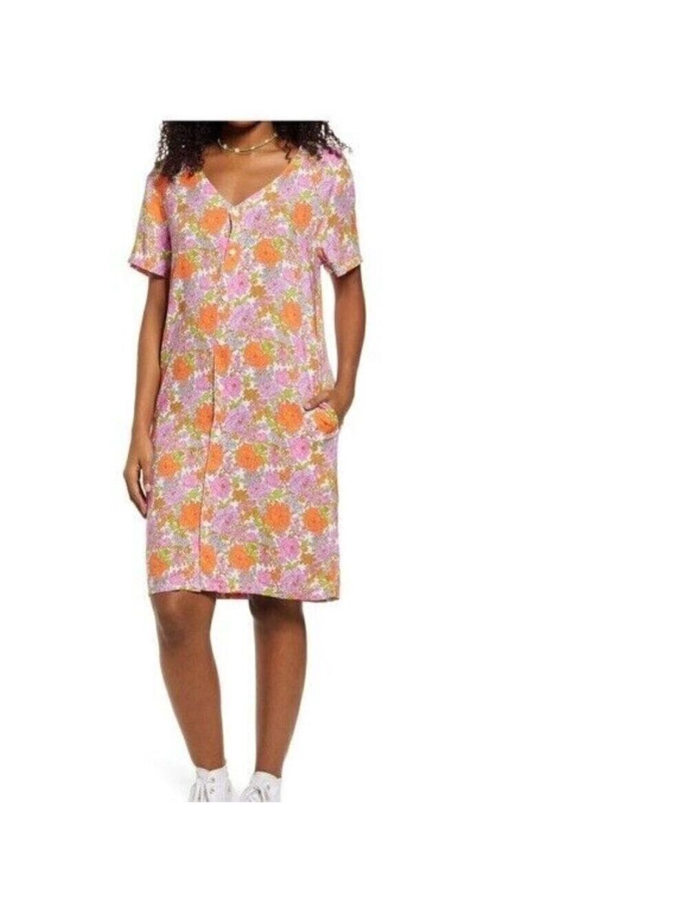 Bp Nordstrom retro flower print dress sz 2XSmall pockets short sleeve vneck